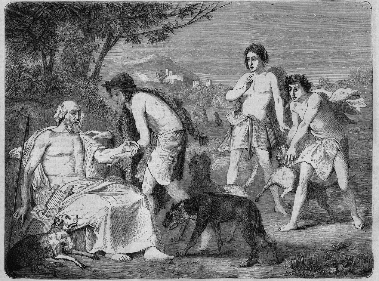 Homerus op het eiland Syros. Gravure uit 1864, naar het schilderij van Maillard. door Diogene Ulysse Napoleon Maillart