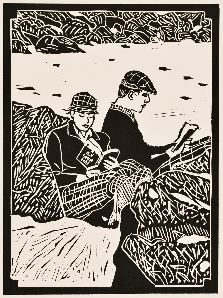 Maanden van het jaar: April, 2012 (linoleumsnede) door Dione Verulam