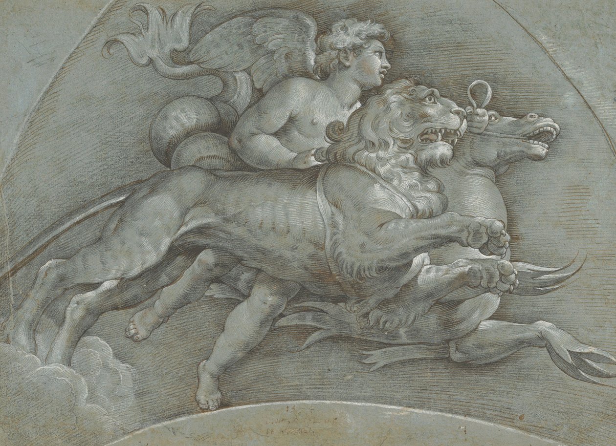 Een gevleugelde putto rijdend op een zeepaard en een leeuw na Raphael, verso, 1574 door Dionisio Calvaert