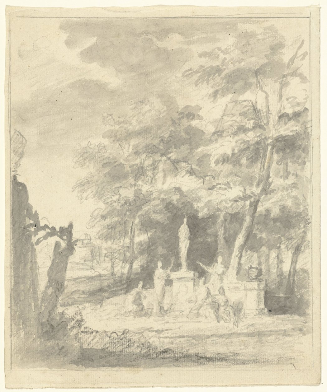 Arcadisch landschap met figuren rond een standbeeld door Dionys van Nijmegen (possibly)