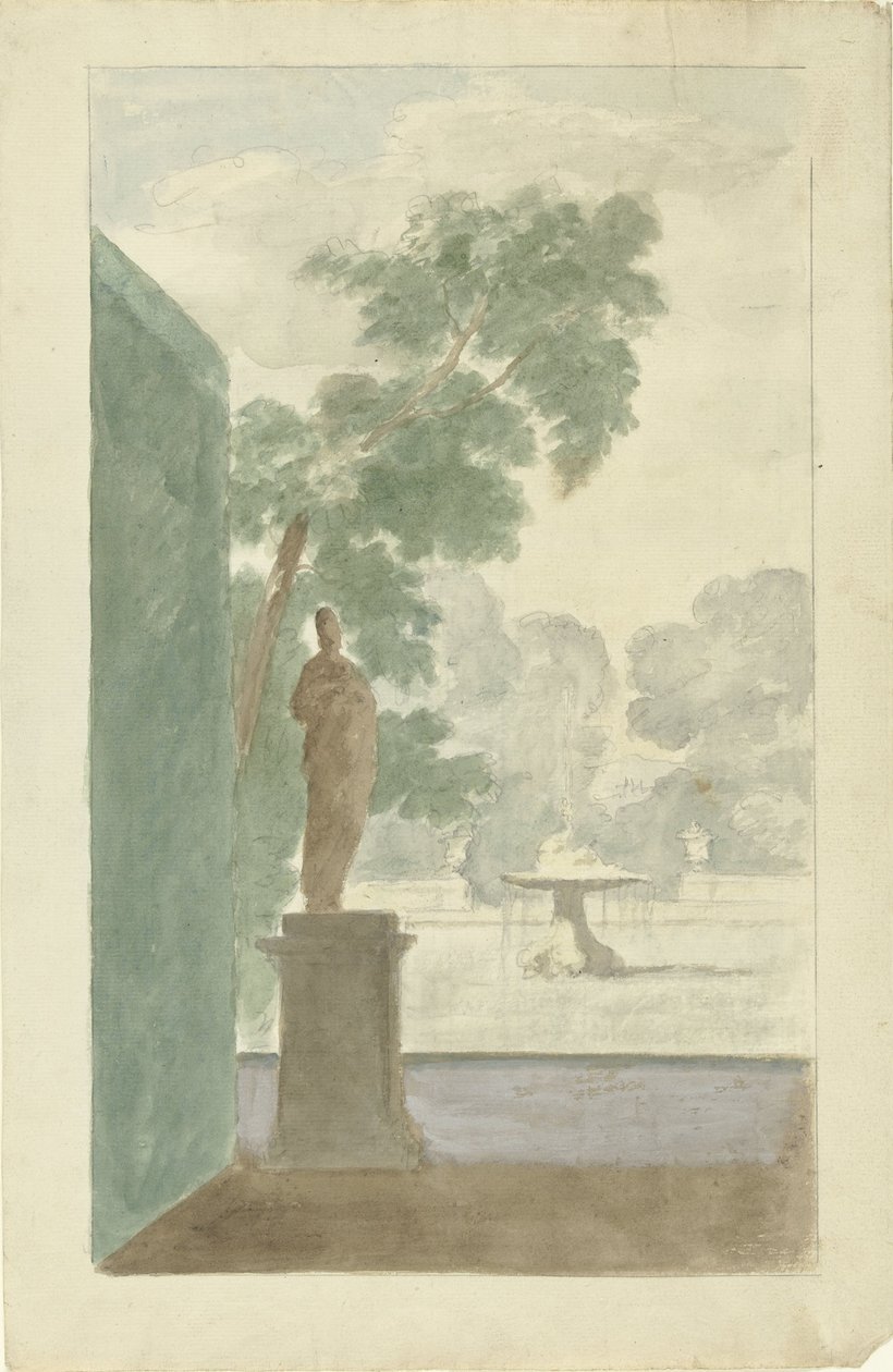 Ontwerp voor een wanddecoratie in een hal: uitzicht op een tuin met een standbeeld, fontein en urnen door Dionys van Nijmegen (possibly)