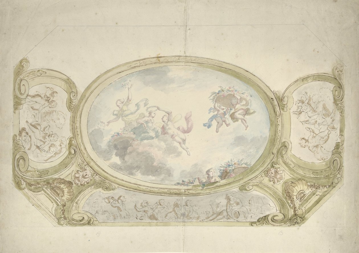 Ontwerp voor een plafondschildering: ovaal met allegorische voorstelling, omringd door scènes met putti door Dionys van Nijmegen (possibly)
