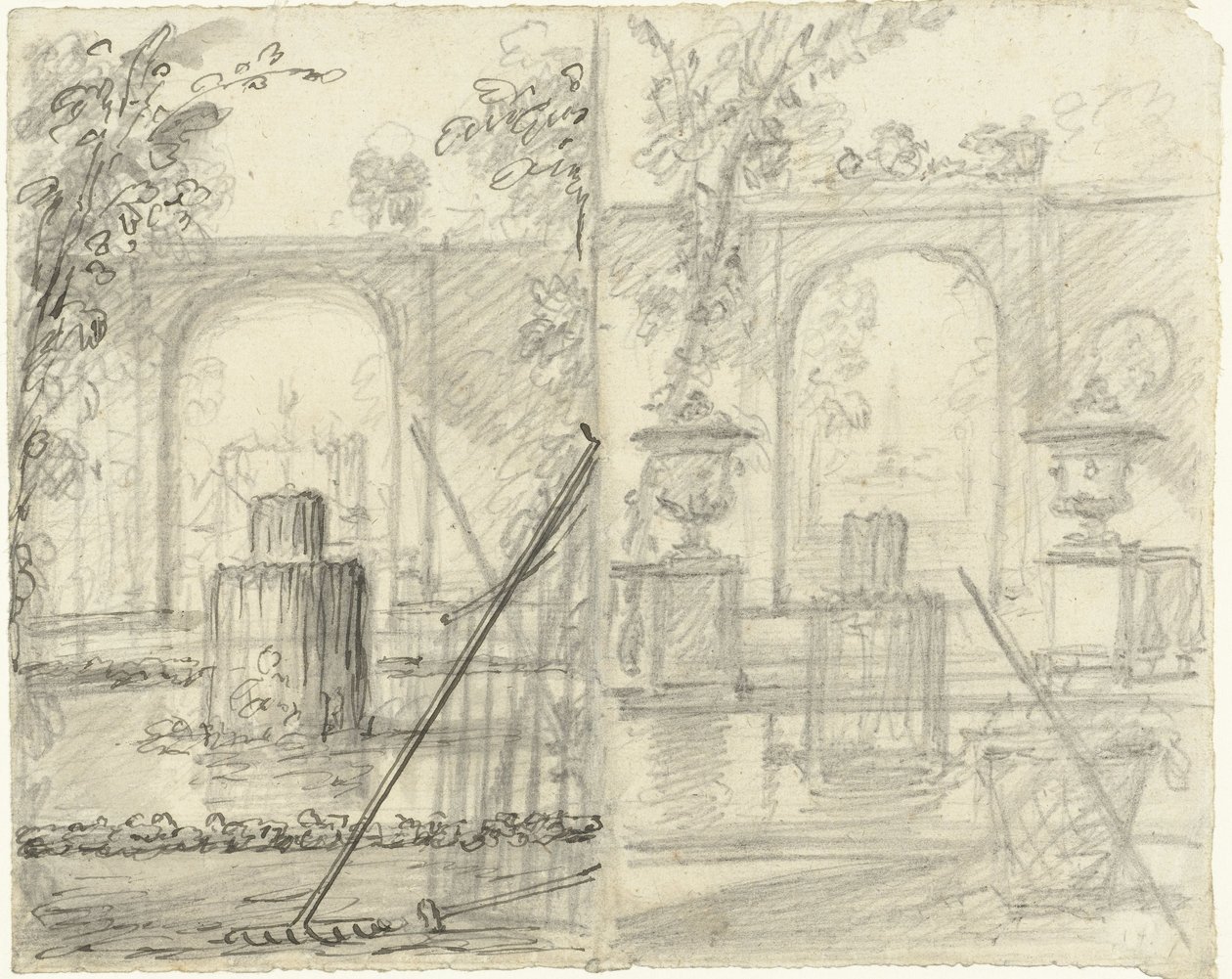 Twee ontwerpen voor een tuingezicht met fontein en tuingereedschap op de voorgrond door Dionys van Nijmegen (possibly)