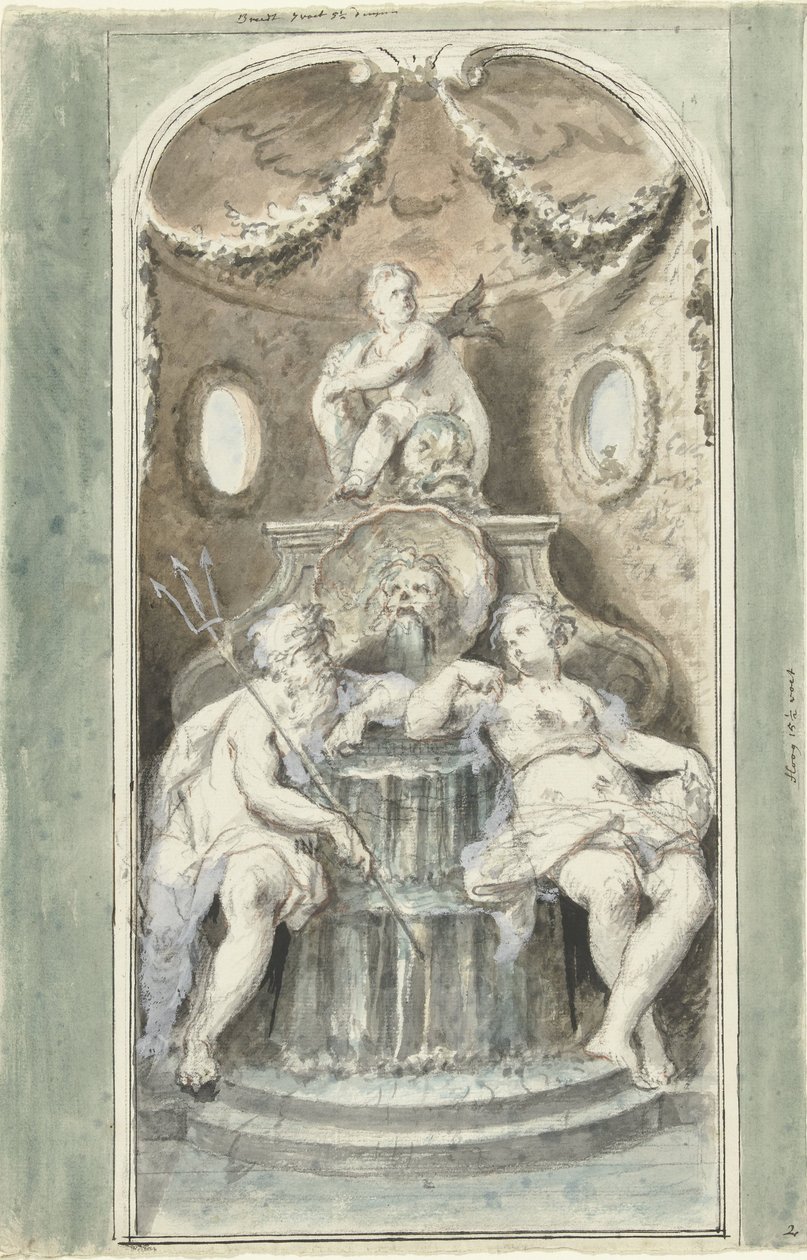 Ontwerp voor een decoratieve schildering met een fontein door Dionys van Nijmegen