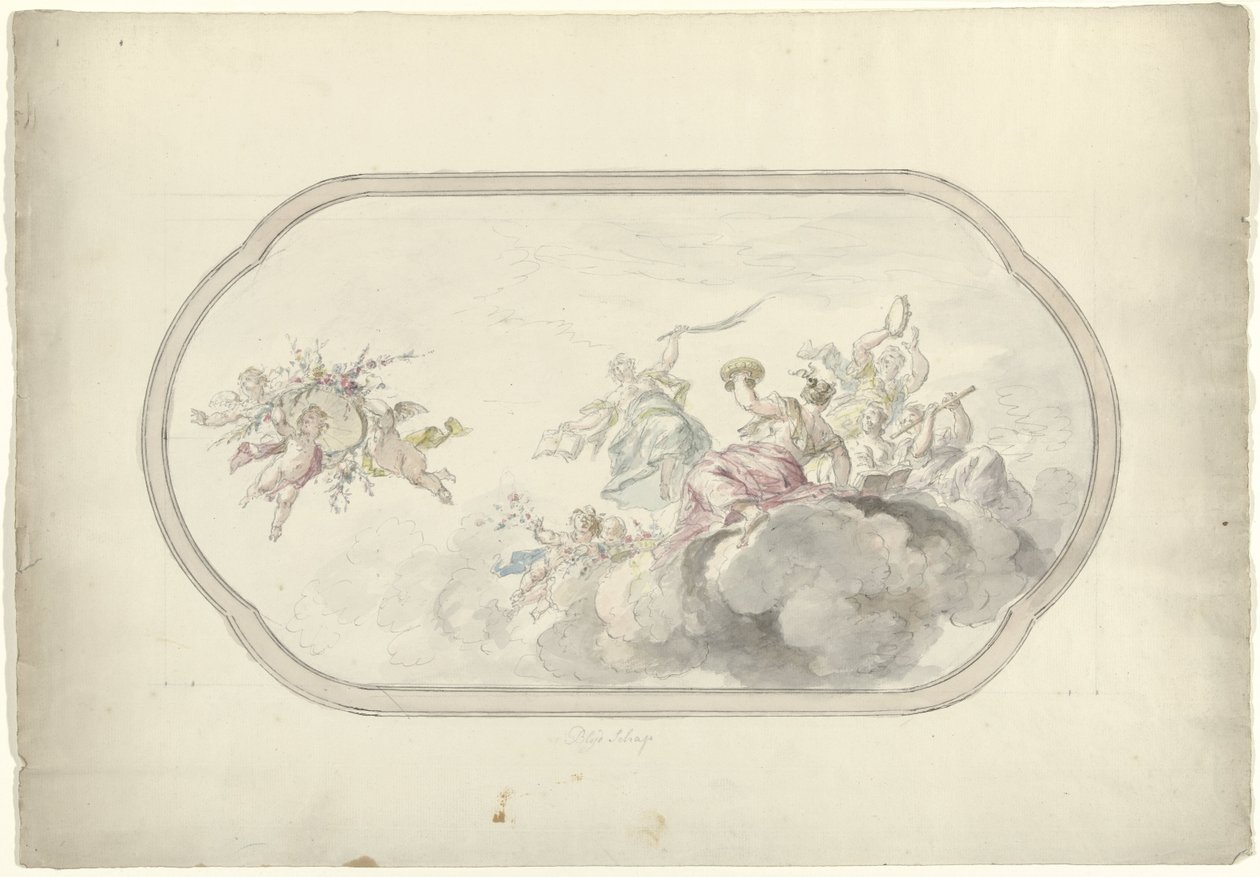 Ontwerp voor een plafondschildering met musicerende vrouwen en putti met bloemenmand als allegorie op Blijdschap door Dionys van Nijmegen