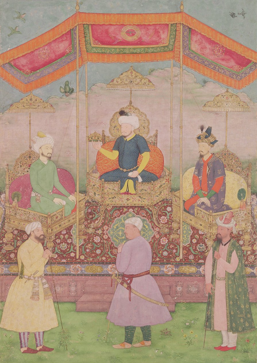 Mughal Keizer Babur en zijn zoon, Humayun, Indiase miniatuur uit Rajasthan, 16e eeuw door Dip Chand