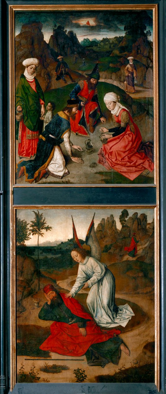 Altaar van het Laatste Avondmaal, rechtervleugel: boven: het verzamelen van manna in de woestijn onder: de engel wekt de profeet Elia (schilderij op hout) door Dirck Bouts