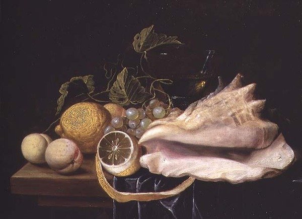 Stilleven met Strombus schelp en fruit door Dirck Sauts