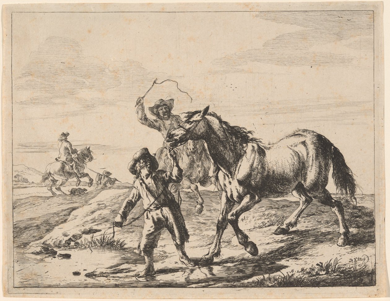 Een jongen brengt een paard te drinken door Dirck Stoop