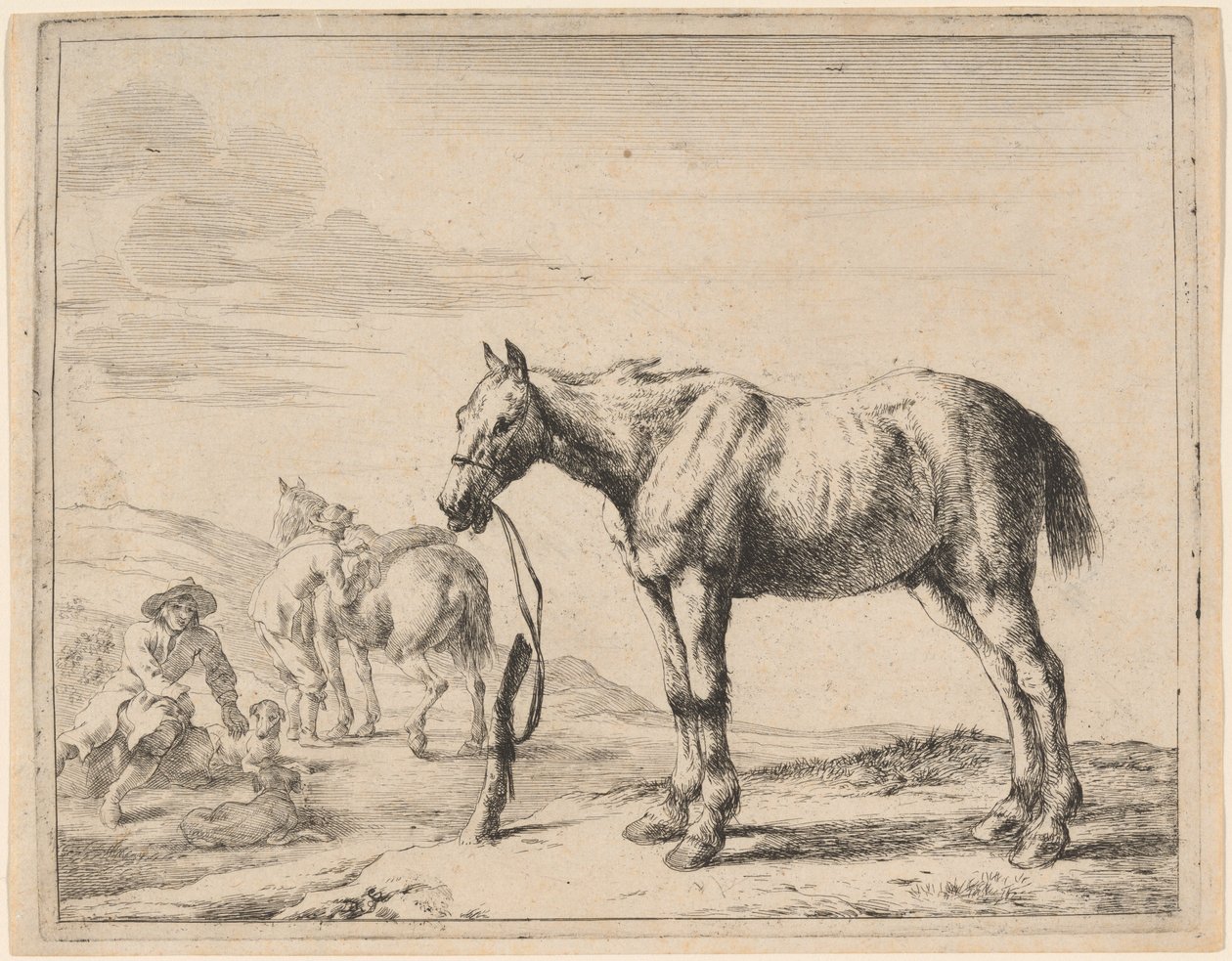 Een Paard Gebonden aan een Paal door Dirck Stoop