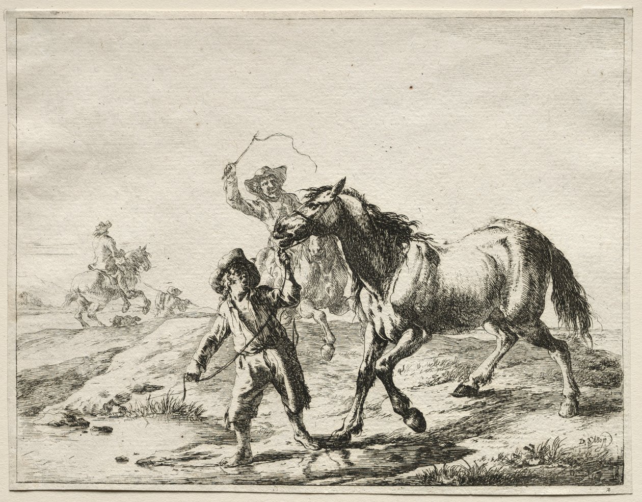 Een jongen brengt een paard naar het water door Dirck Stoop