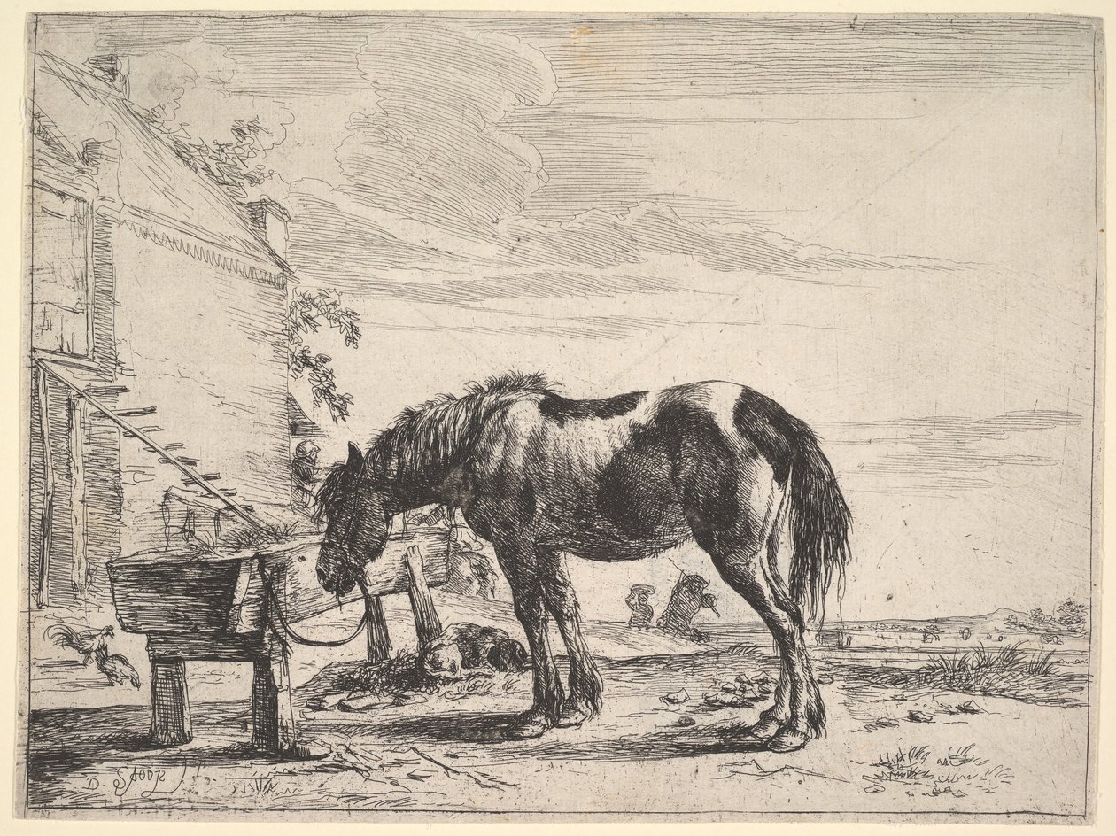 Paard gebonden aan een voederbak door Dirck Stoop