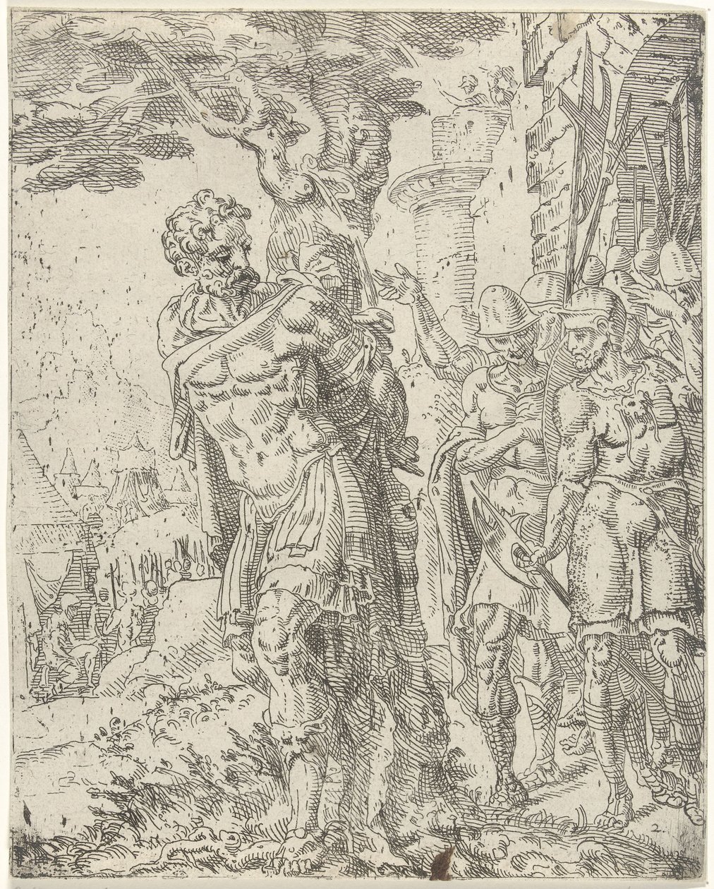 Achior vastgebonden aan een boom door Dirck Volckertsz. Coornhert (attributed to)