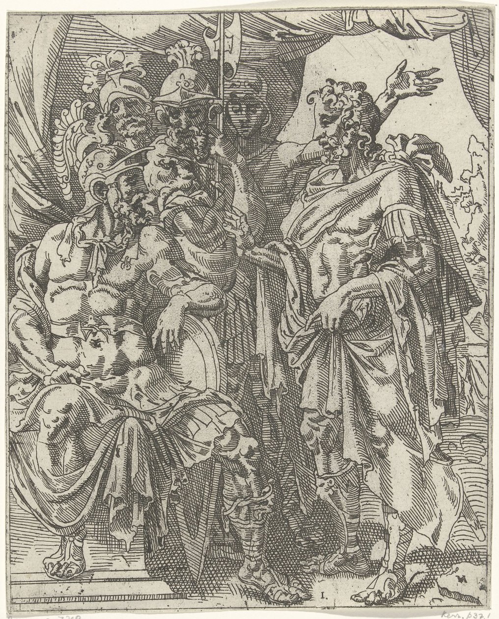 Achior vertelt Holofernes over de Israëlieten door Dirck Volckertsz. Coornhert (attributed to)