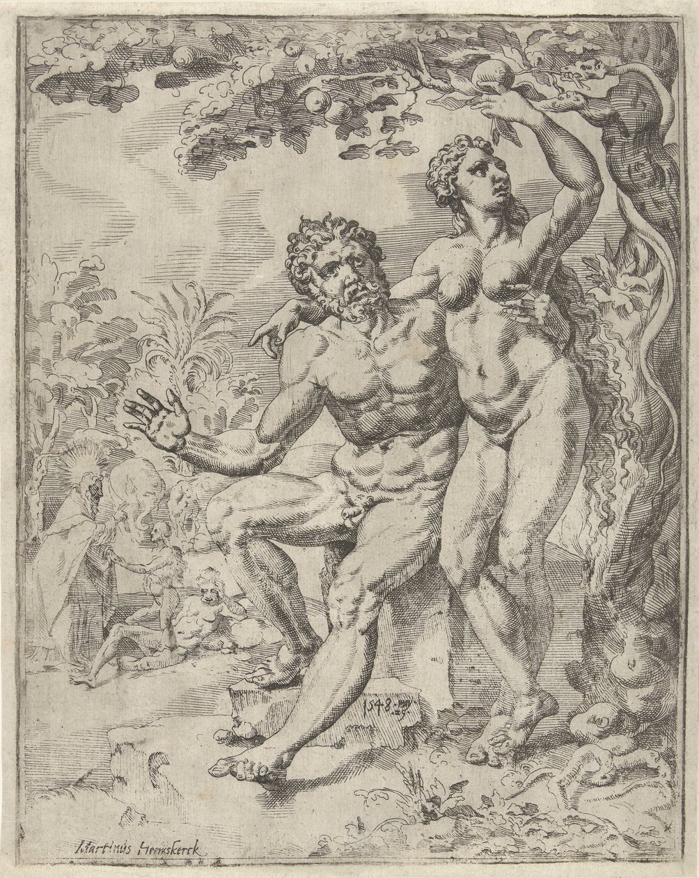 Adam en Eva plukken de verboden vrucht door Dirck Volckertsz. Coornhert (attributed to)