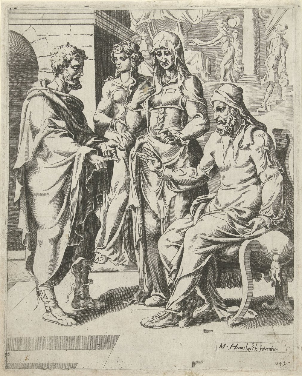 Eliëzer vertelt Laban zijn doel door Dirck Volckertsz. Coornhert (attributed to)