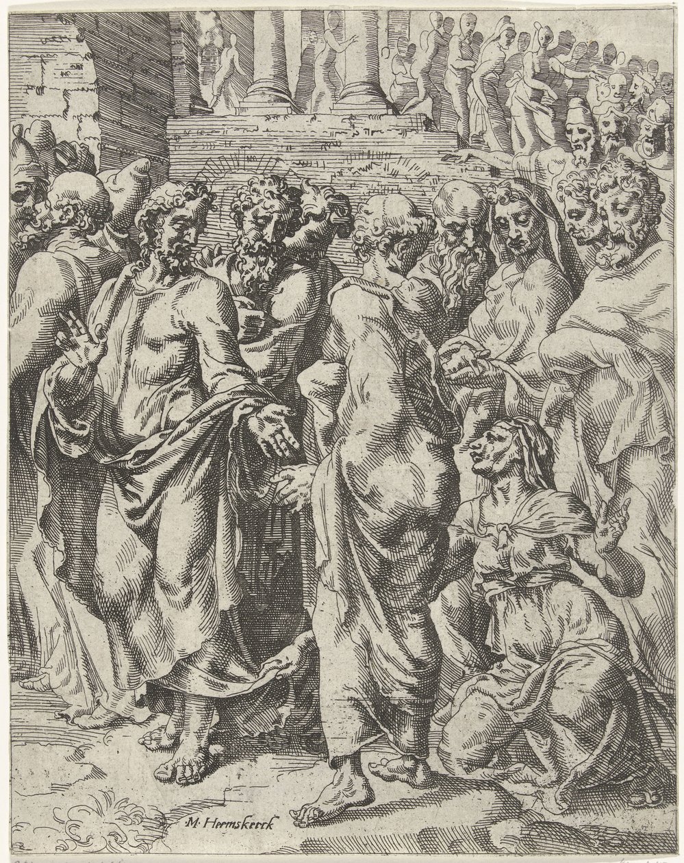 Genezing van de vrouw die aan bloedvloeiingen leed door Dirck Volckertsz. Coornhert (attributed to)