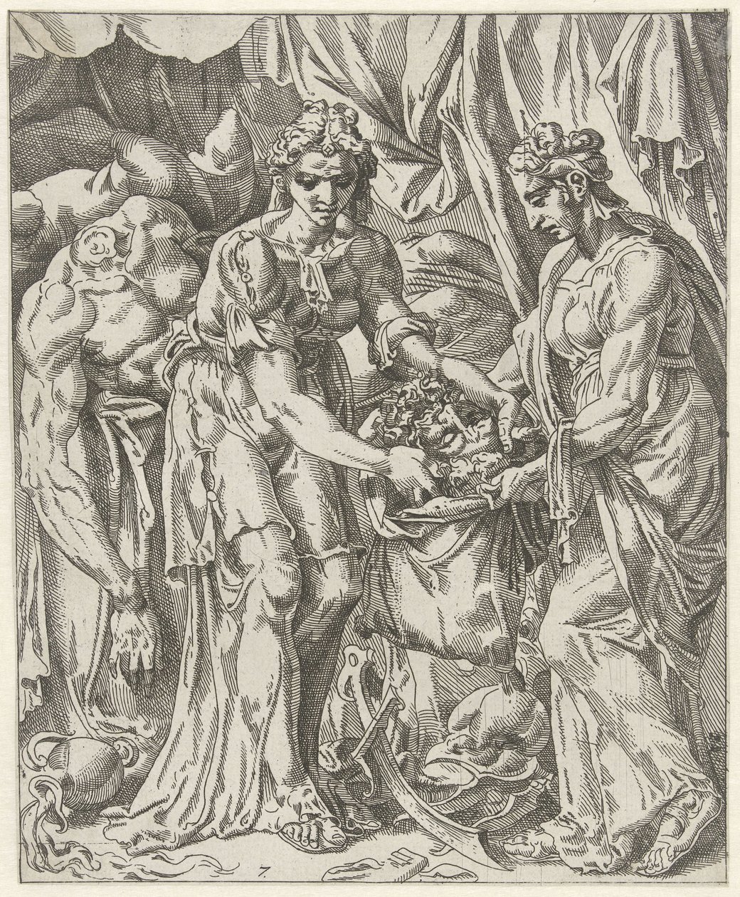 Judit stopt het hoofd van Holofernes in een zak door Dirck Volckertsz. Coornhert (attributed to)