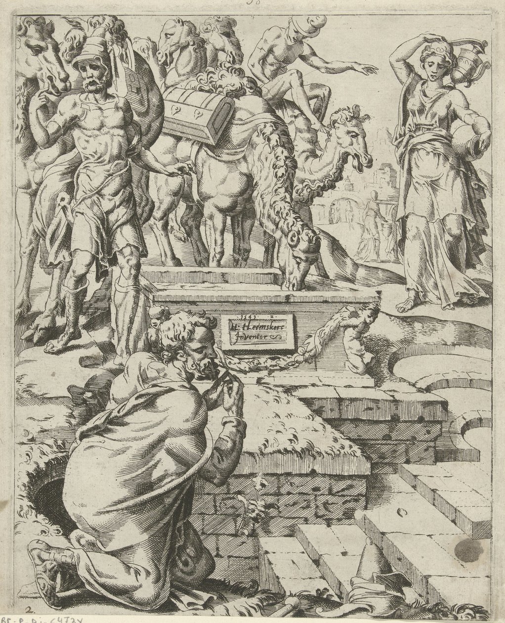 Rebekka ontmoet Eliëzer bij de waterput door Dirck Volckertsz. Coornhert (attributed to)