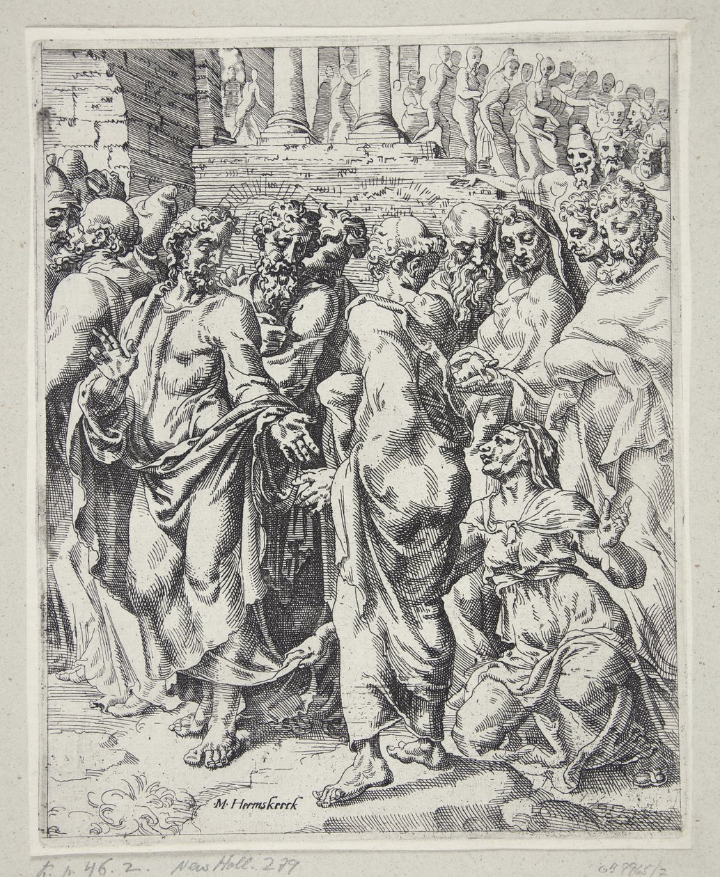 Christus en de vrouw die genezen werd van bloedvloeiing door Dirck Volckertsz. Coornhert