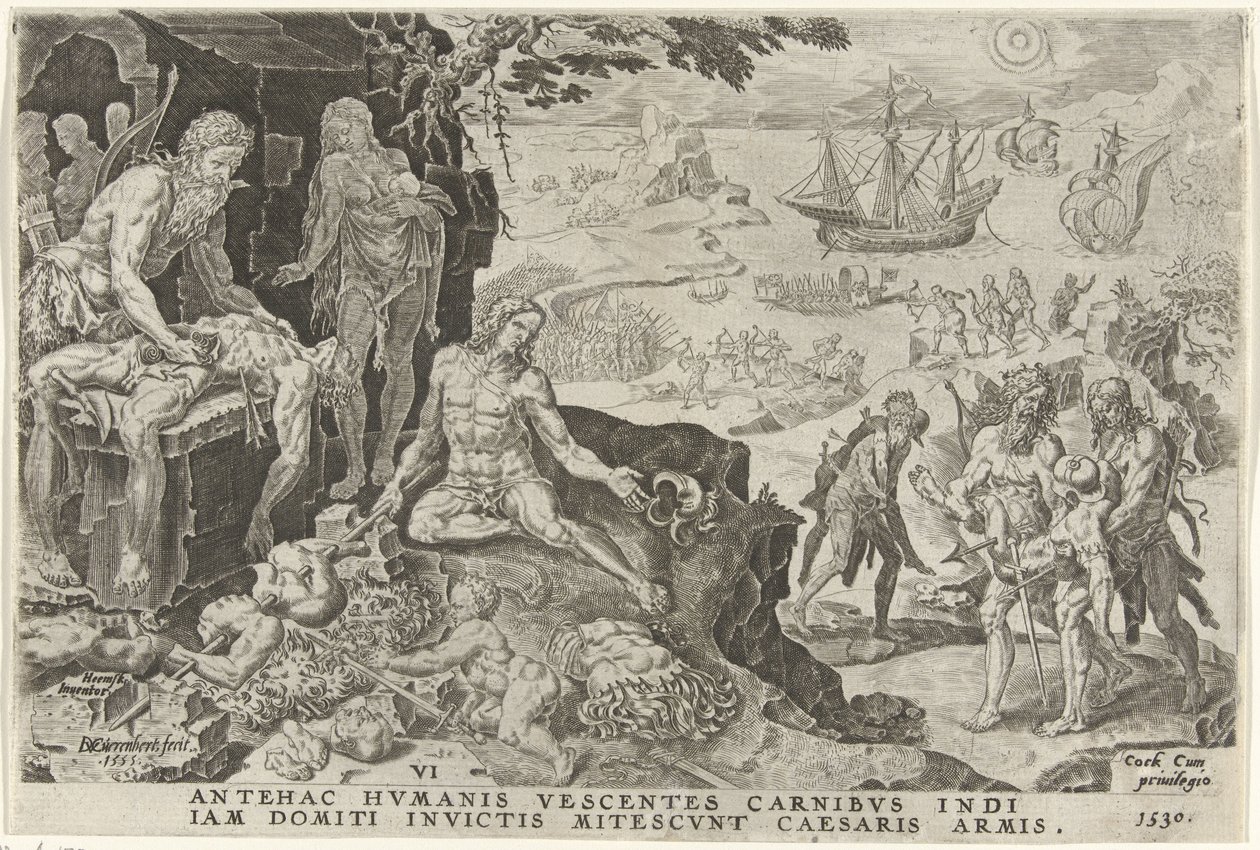 Keizerlijke troepen van Karel V vallen Centraal-Amerika binnen, 1530 door Dirck Volckertsz. Coornhert