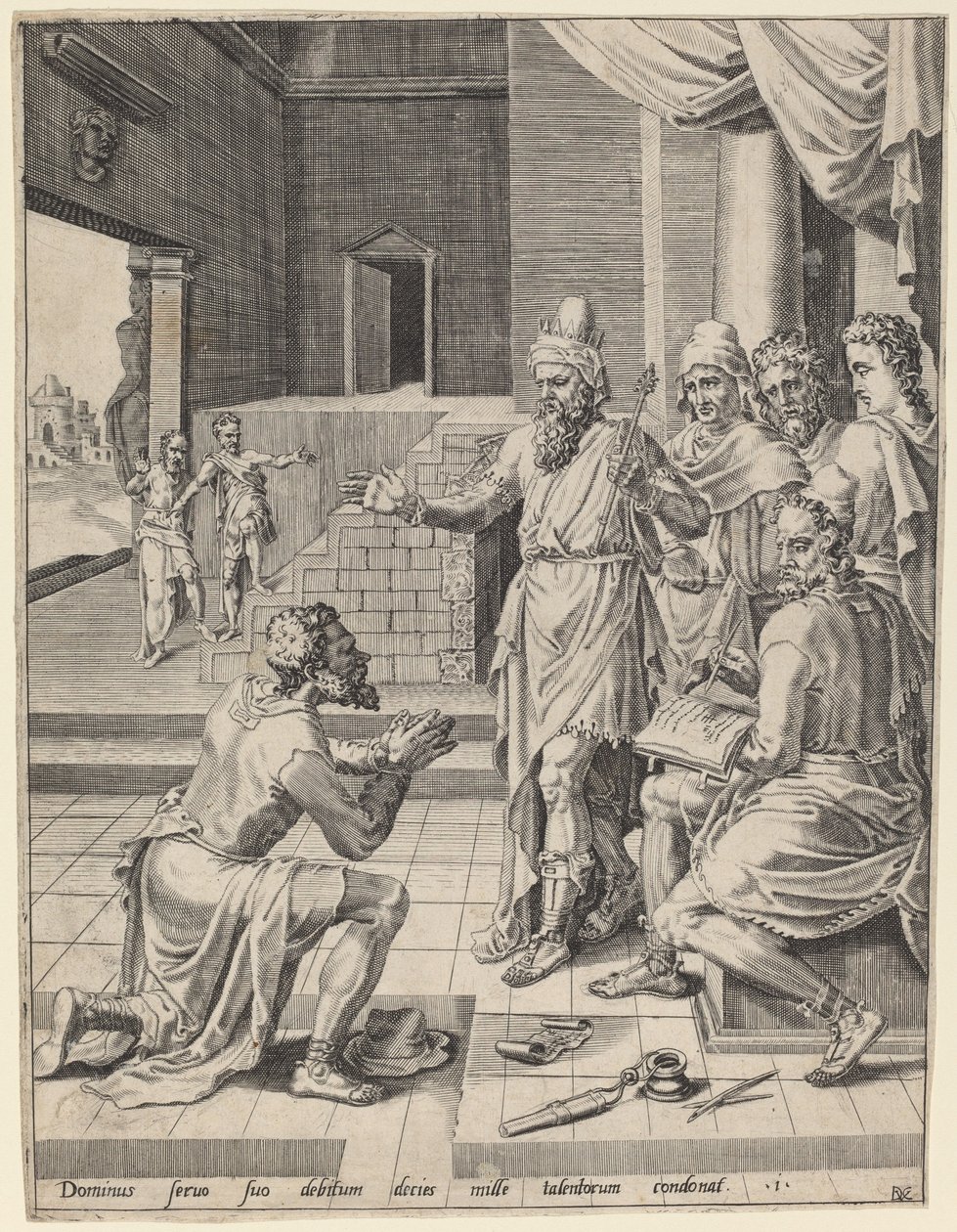 De koning vergeeft zijn dienaar zijn schuld door Dirck Volckertz Coornhert after Maerten van Heemskerck