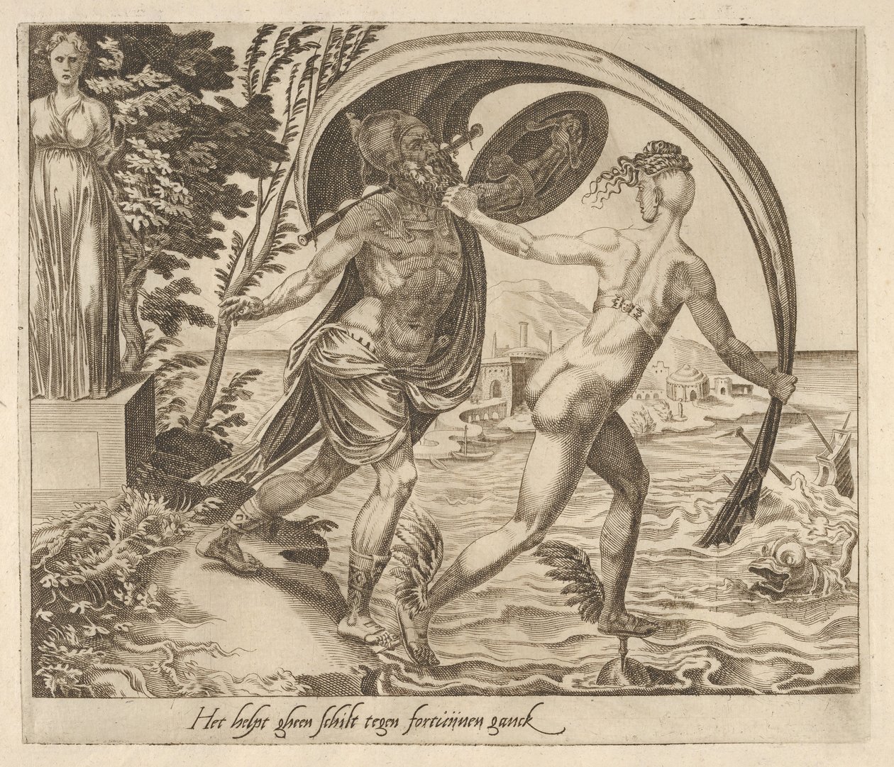 Een schild is nutteloos als Fortuna zich afkeert van Zes gezegden over Fortuna, ca. 1560 door Dirck Volkertsen Coornhert