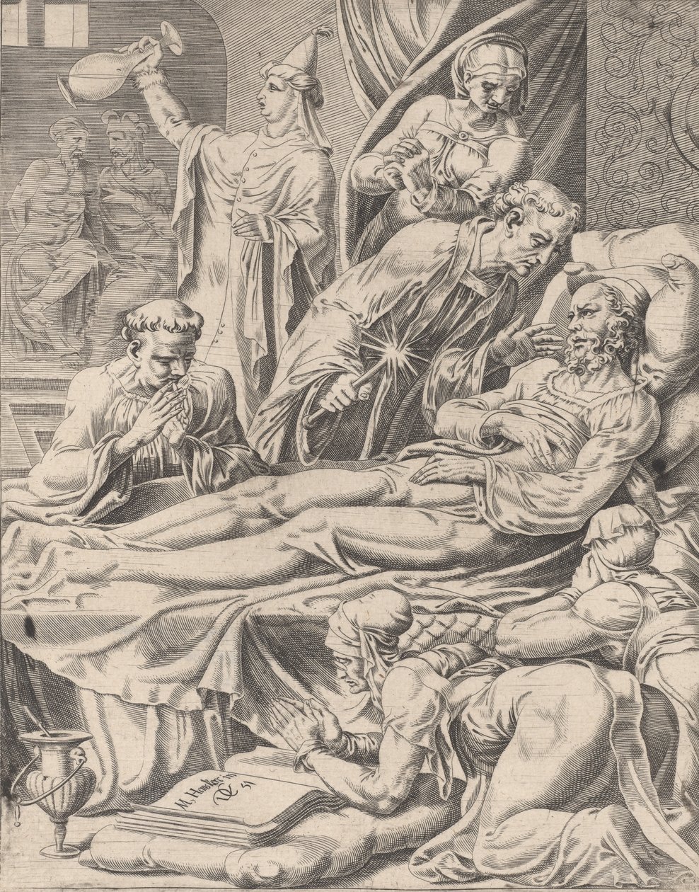 De Rijke Man op Zijn Sterfbed, uit De Parabel van Lazarus en de Rijke Man, plaat 2, 1551 door Dirck Volkertsen Coornhert