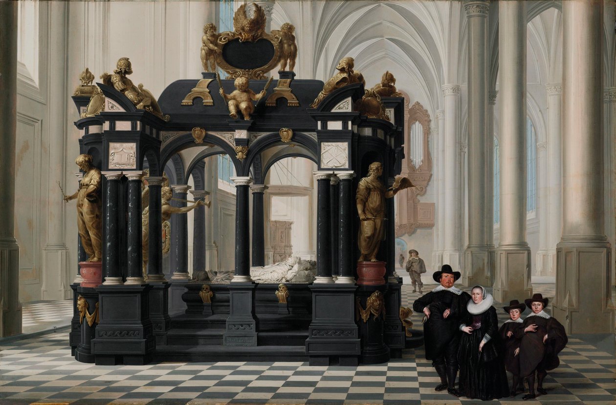 Een familie naast het graf van Prins Willem i in de Nieuwe Kerk, Delft door Dirck van Delen
