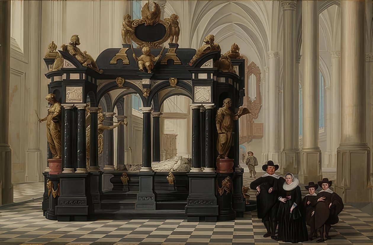 Een familie bij het graf van Prins Willem I in de Nieuwe Kerk, Delft. 1645 door Dirck van Delen