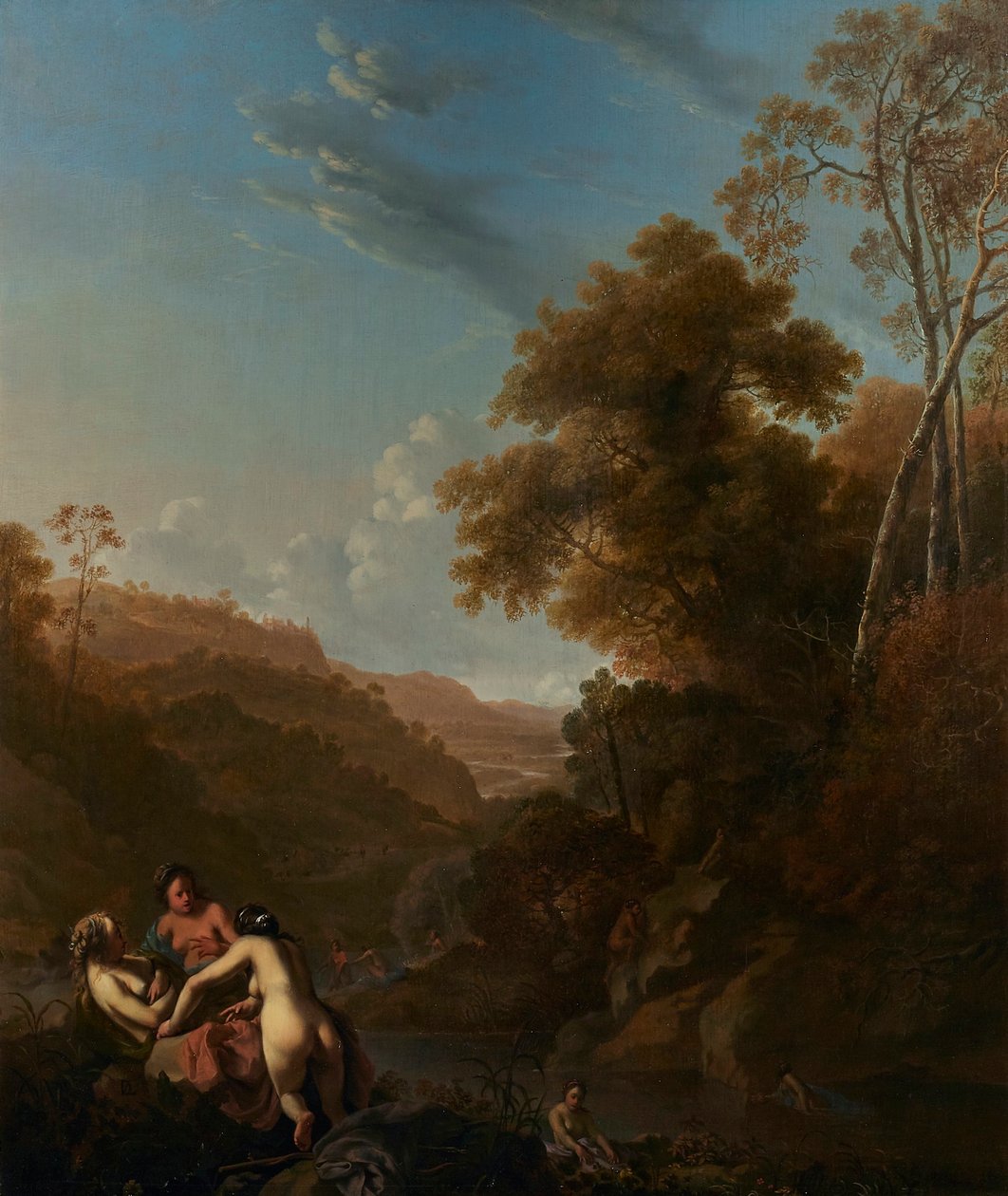 Dutch: Italianiserend landschap met badende nimfen Italianate landscape with nymphs bathing door Dirck van der Lisse