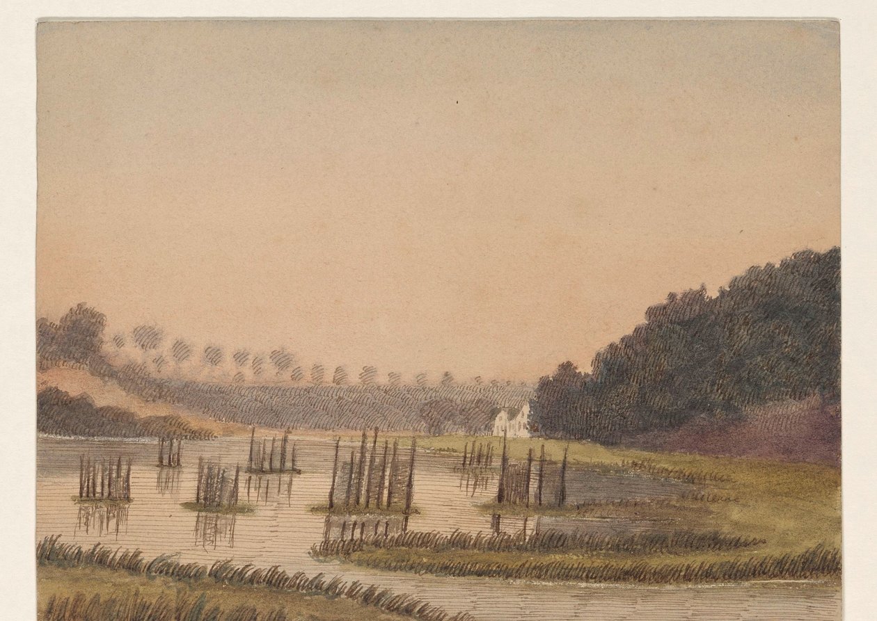 Moerassig landschap met in de verte een gebouw door Dirk Arnoldus Tavenraat