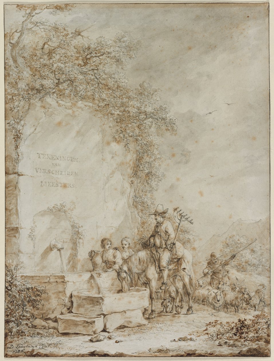 Frontispice voor een Album van Tekeningen: Boeren bij een Fontein, 1784 door Dirk Langendyk