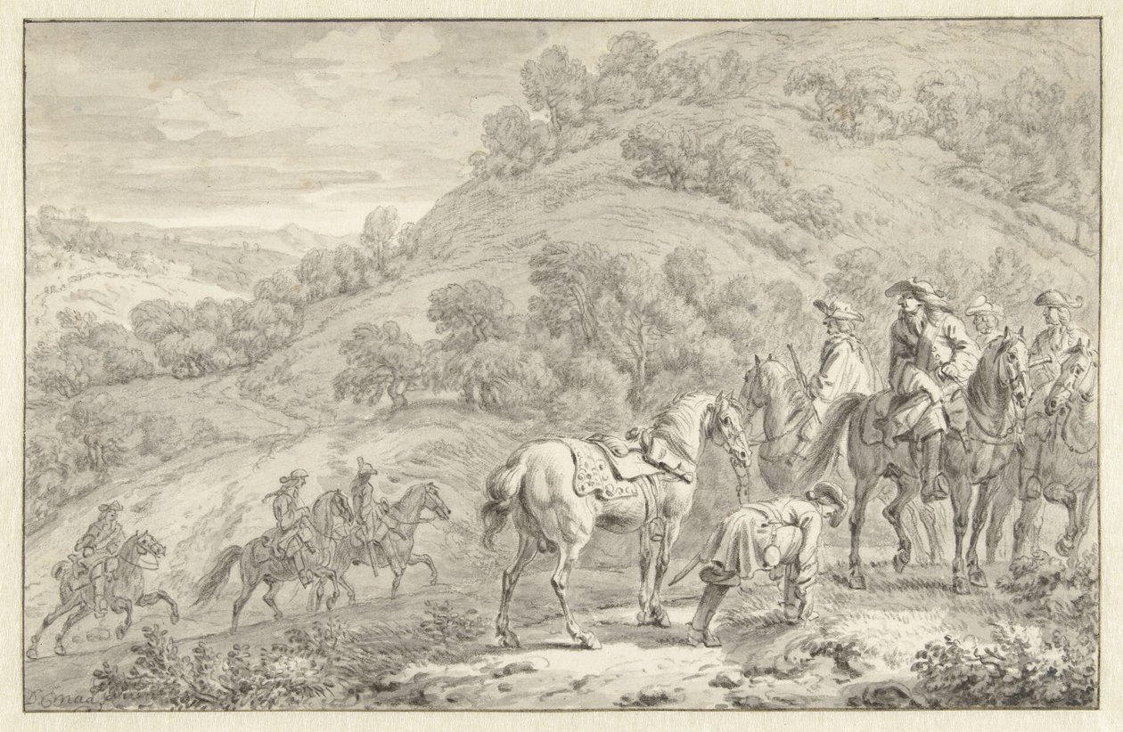 Berglandschap met een afgestegen ruiter en andere jagers te paard door Dirk Maas