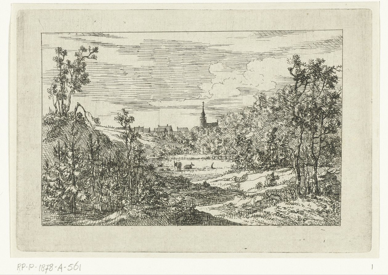 Duinlandschap en gezicht op huizen en kerk van Scheveningen door Dirk Vis Blokhuyzen