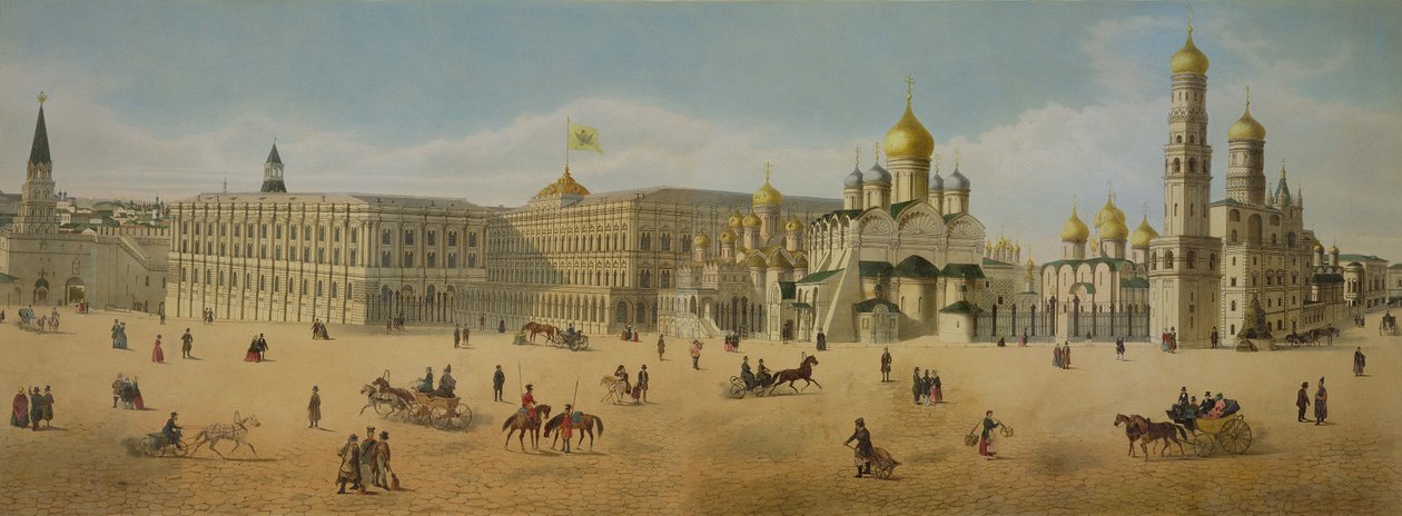 Het Grote Kremlinpaleis en de kathedralen van de Aankondiging en van de Aartsengel, uit een panorama van Moskou, gegraveerd door Philippe Benoist en Aubrun, gepubliceerd door Lemercier, ca. 1840 door Dmitri Indieitzeff