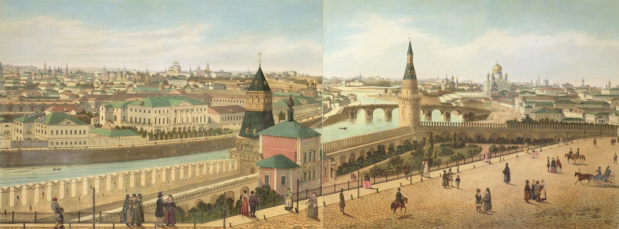 Uitzicht stroomafwaarts vanaf het Kremlin inclusief de kerk van Onze Verlosser, uit een panorama van Moskou, gegraveerd door Philippe Benoist en Aubrun, uitgegeven door Lemercier, ca. 1840 door Dmitri Indieitzeff