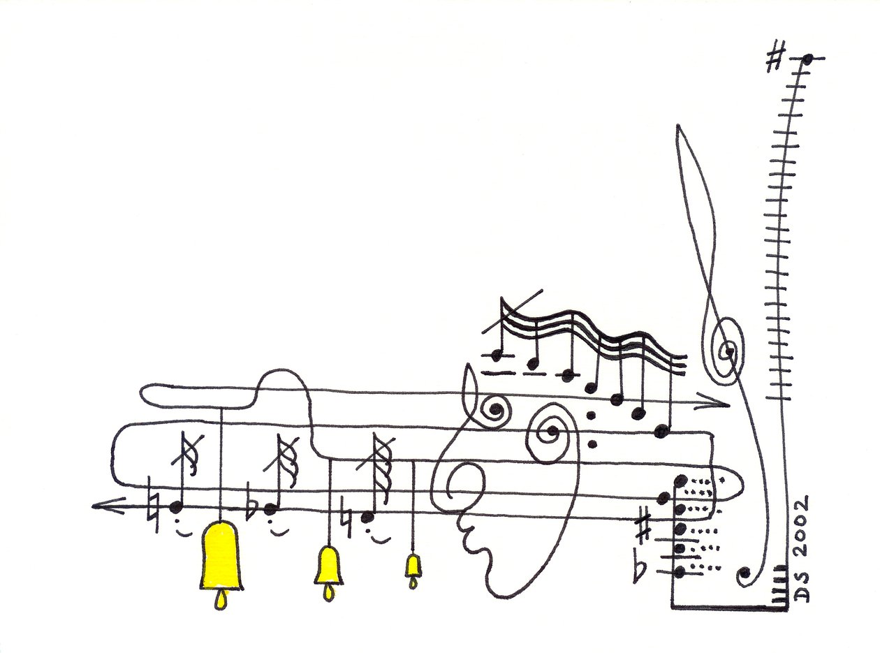 Elegy - tekening van een muziekpartituur met de notatie in de vorm van een gezicht en klokken die aan de notenbalken hangen door Dmitri Smirnov