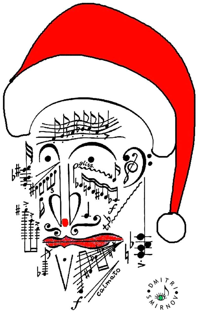 Muzikale Kerstman - het hoofd van de Kerstman - de Kerstman getekend met muzieknotatie en met een rode muts op door Dmitri Smirnov