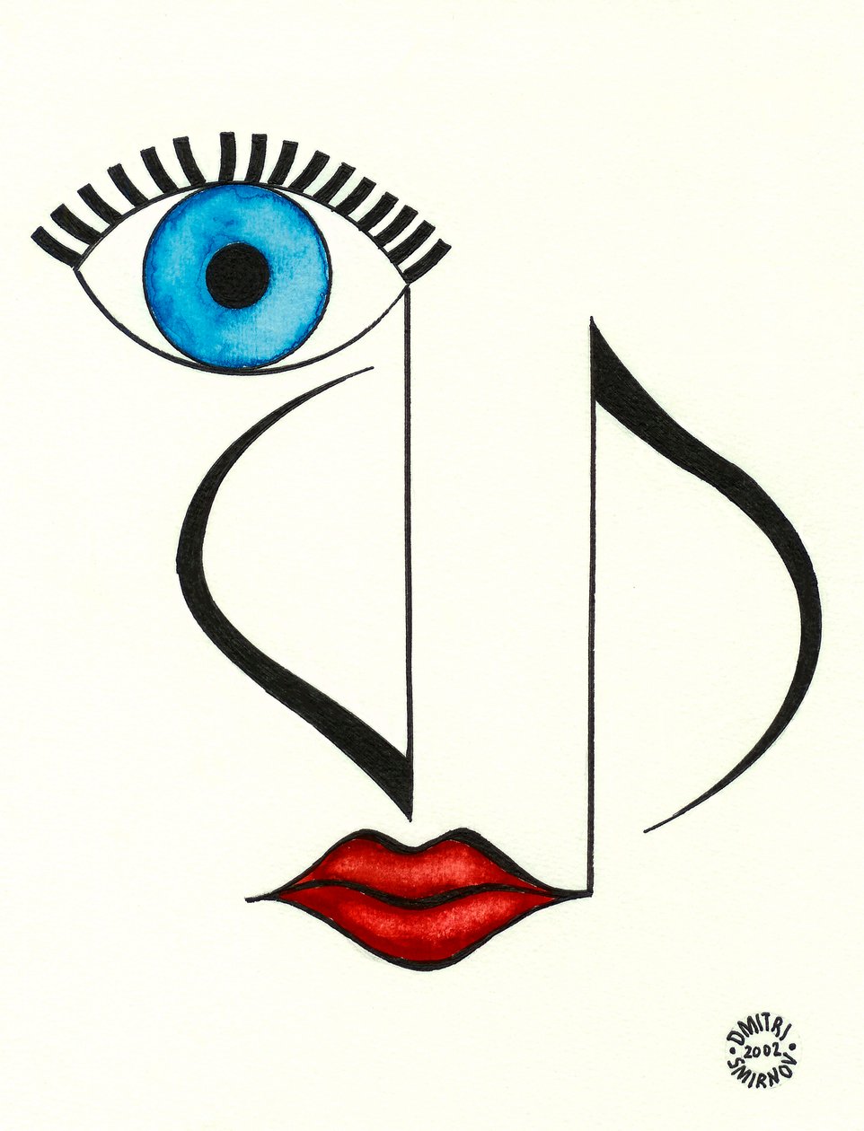 Muzikaal gezicht - een gezicht met een oog en lippen getekend met behulp van muzieknotatie door Dmitri Smirnov