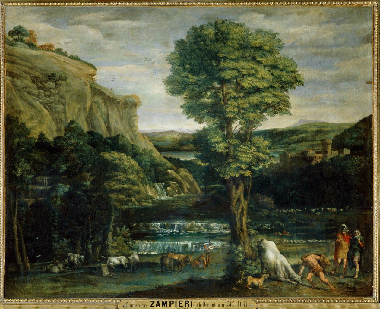 Paysage avec Hercule combattant Achelaos change en toreau - Landschap met Hercules in gevecht met Achelaos veranderd in een stier ... door Domenichino (1581 1641)