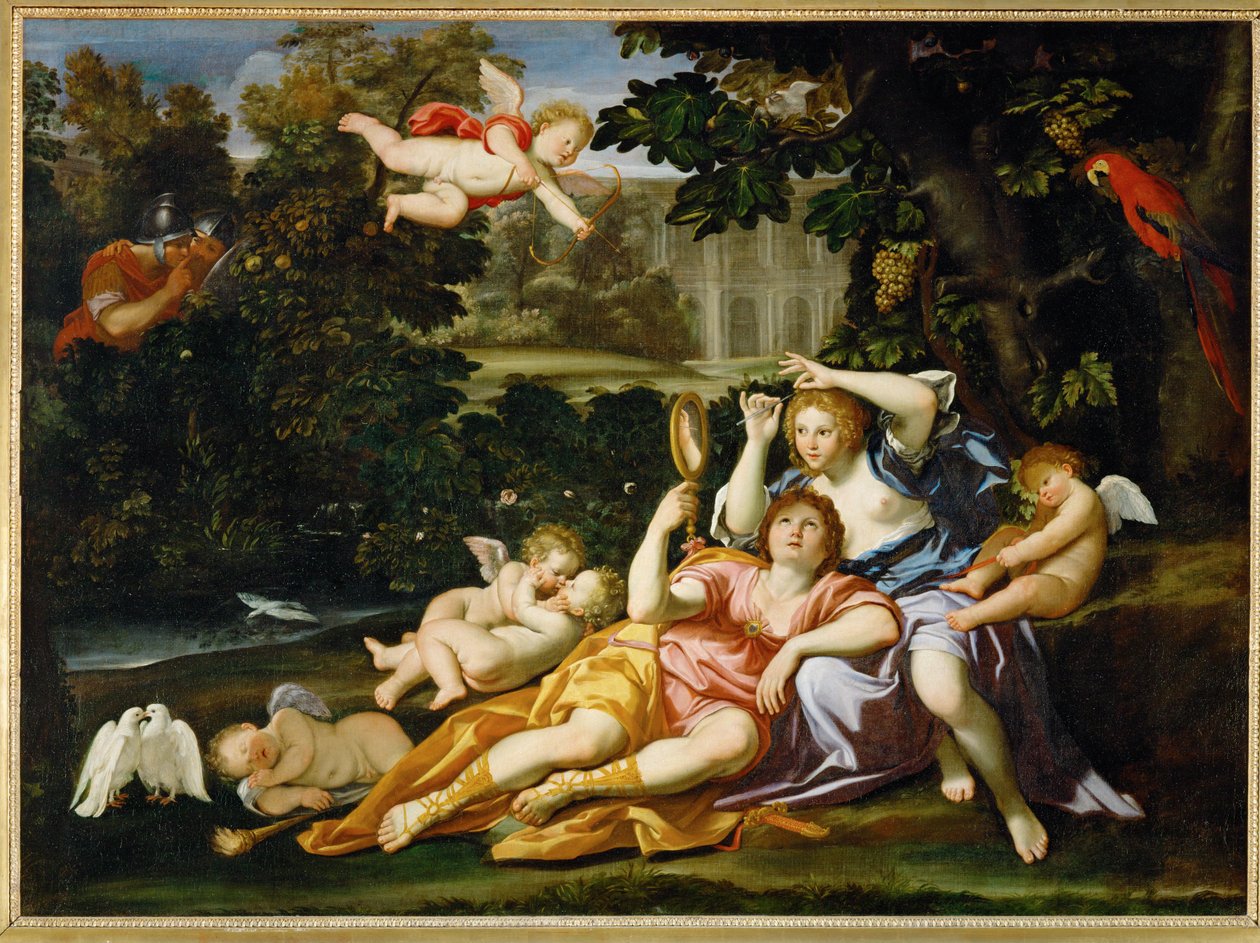 Renaud presenteert een spiegel aan Armide - Rinaldo presenteert ... door Domenichino (1581 1641)