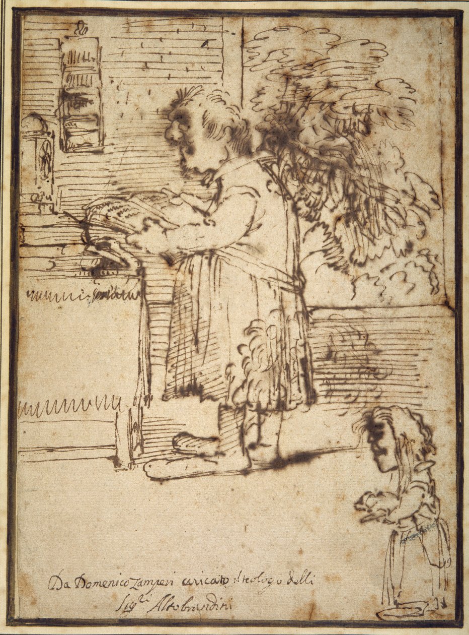 Karikatuur van de Aldobrandini-theoloog, met een vrouwelijke dwerg die haar hond vasthoudt door Domenichino