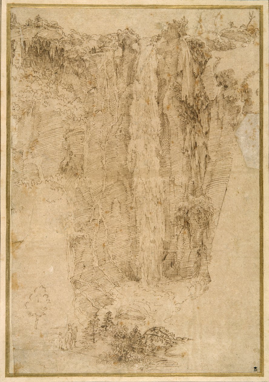 Landschap met een waterval; aan de voet, twee mannen, een te paard door Domenichino