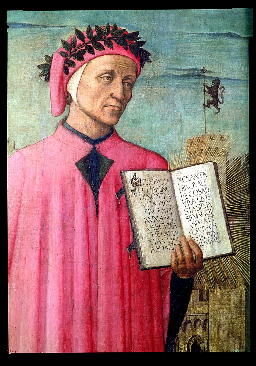 Dante leest uit de Goddelijke Komedie, detail van Dante Alighieri door Domenico di Michelino