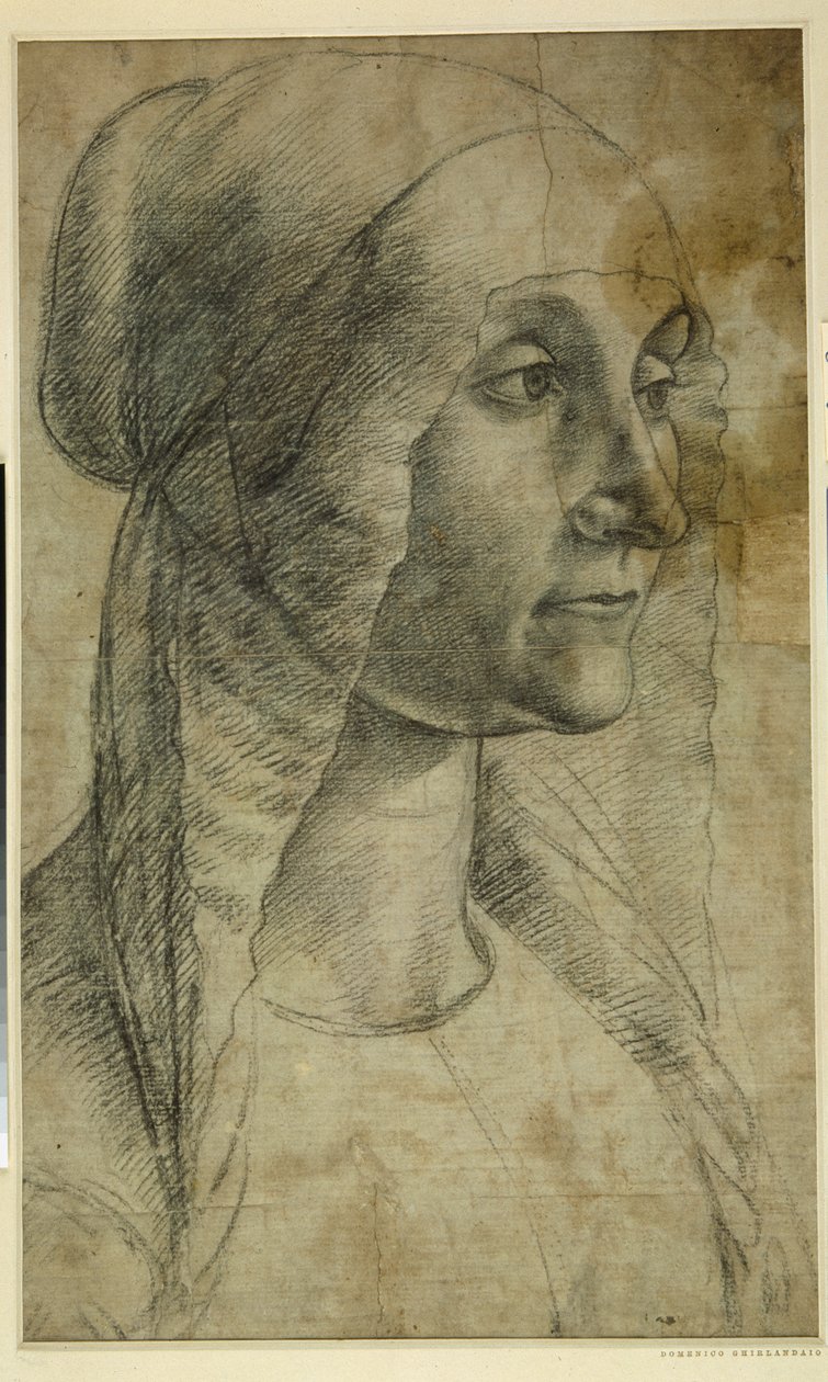 Hoofd van een vrouw met een kap door Domenico Ghirlandaio