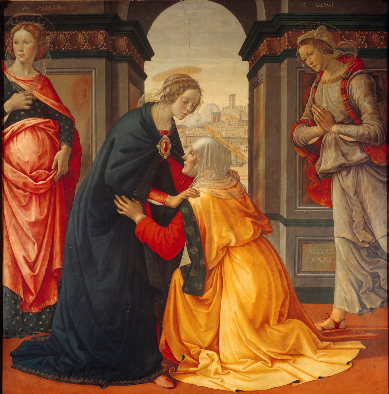 Bezoek: Maagd Maria bezoekt Elisabeth, tussen Marie Jacobie en Marie Salome door Domenico Ghirlandaio