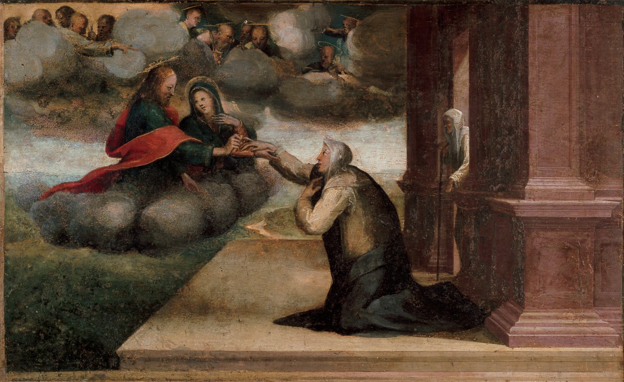 Altaarstuk van de stigmata van Sint Catharina. Detail van de Predelle: Het mystieke huwelijk van Sint Catharina van Siena door Domenico Beccafumi