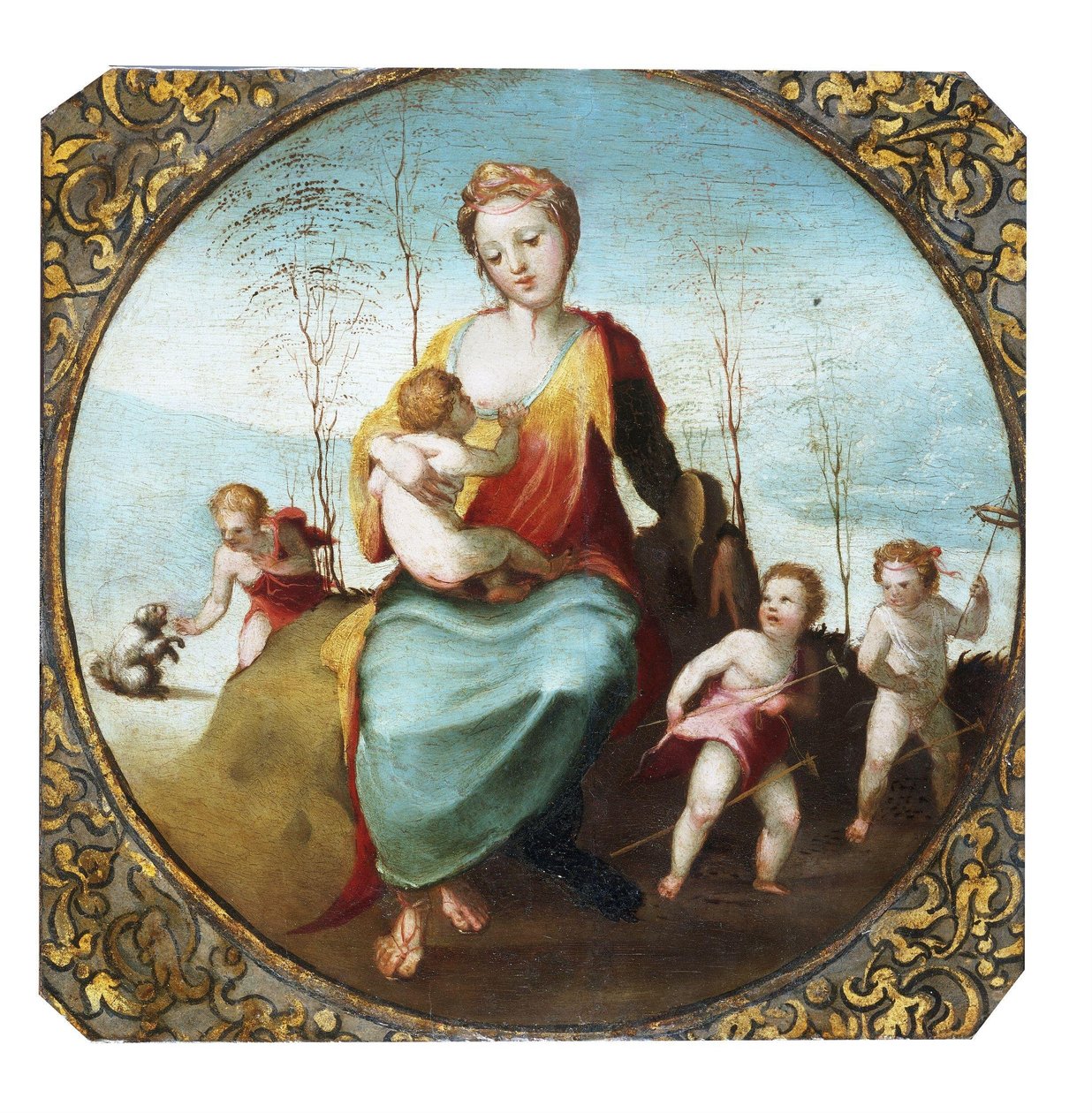 Beccafumi - Liefdadigheid die een kind zoogt en omringd door drie spelende kinderen met een hond en stokpaardjes, ca. 1525 door Domenico Beccafumi