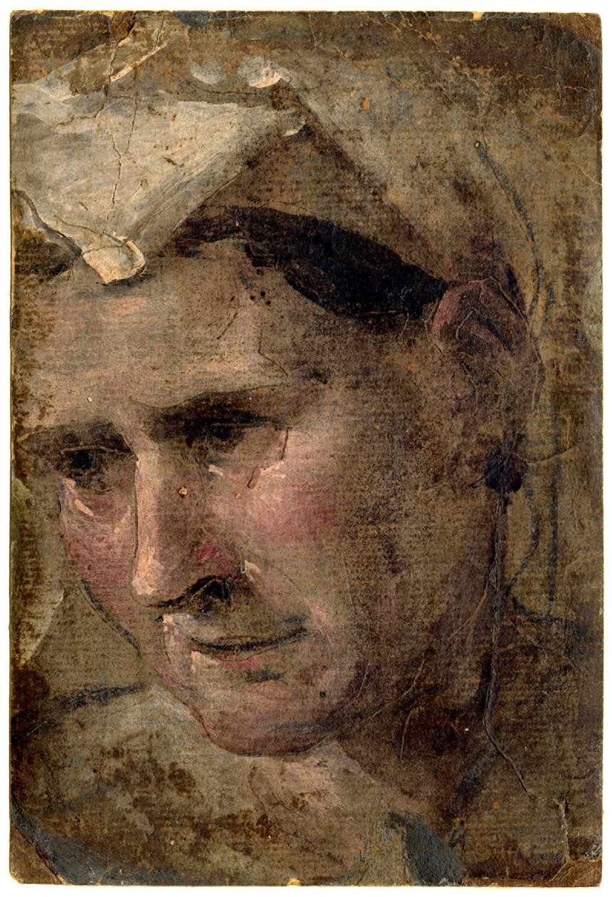 Beccafumi - Hoofd van een oude vrouw kijkend naar links Olieverf op papier, 1953,1212.4 door Domenico Beccafumi